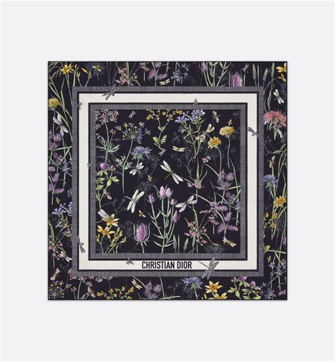 Dior Herbarium 90 Square Scarf Black Multicolor Silk Twill .